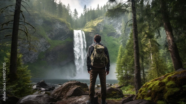 Fototapeta Young Man in Hiking Gear Standing on a Rock Looking Towards a Waterfall in a Conifer Forest