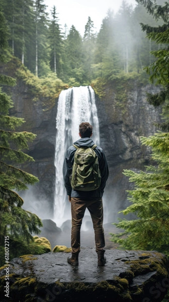 Fototapeta Young Man in Hiking Gear Standing on a Rock Looking Towards a Waterfall in a Conifer Forest