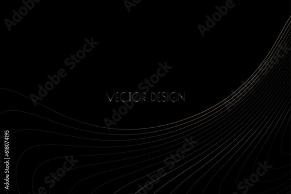 Obraz Vector abstract black premium background with golden curved deformed stripes, lines. Modern luxurious elegant backdrop in dark color for exclusive posters, banners, invitations, business cards.
