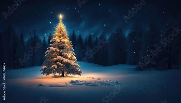Fototapeta Snow covered christmas tree in winter forest with copy space at night