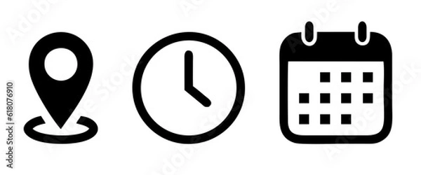 Fototapeta Date, Time, clock, calendar, place, address, event, agenda, location, map pin, month, year icon vector set 2025