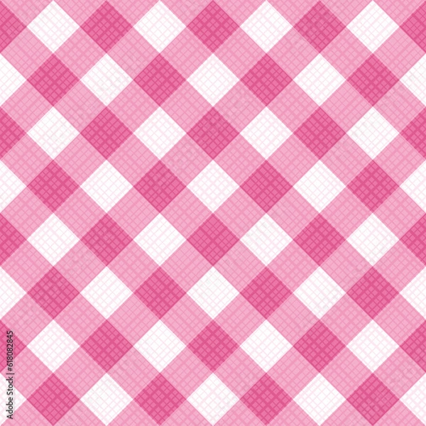 Fototapeta Seamless soft pink colors gingham fabric cloth, tablecloth, pattern, swatch, background, or wallpaper with fabric texture visible. Diagonal repeat pattern. Single tile here.
