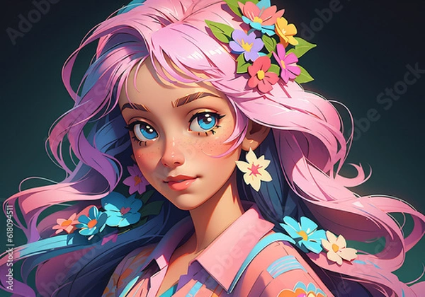 Obraz portrait of a woman with flowers. Generative AI.	