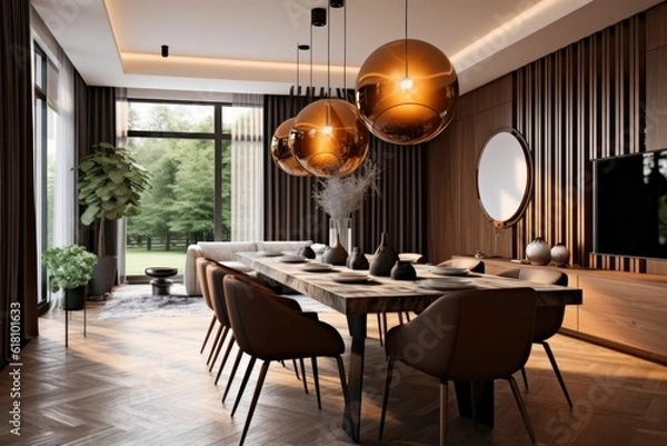 Fototapeta Stylish and modern dining room of luxurious house. interior design 3d render