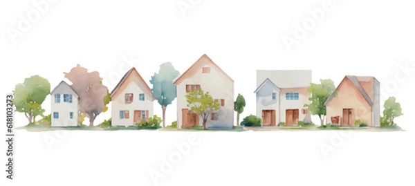 Obraz さまざまな住宅 戸建の水彩イラスト バナー　Generative AI