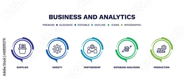 Fototapeta set of business and analytics thin line icons. business and analytics outline icons with infographic template. linear icons such as supplies, variety, partnership, database analysing, production
