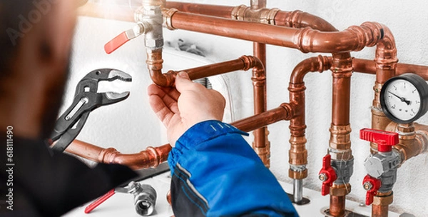 Obraz Plumbing concept or service water worker. copper pipeline with preassure gauge.
