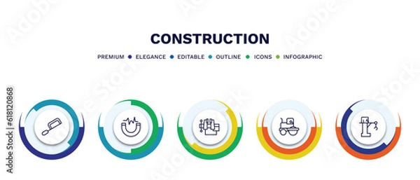 Fototapeta set of construction thin line icons. construction outline icons with infographic template. linear icons such as , inclined magnet, big derrick with boxes