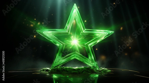 Obraz grüner Stern mit Lichteffekten auf dunklem Hintergrund. Querformat. Generative Ai.