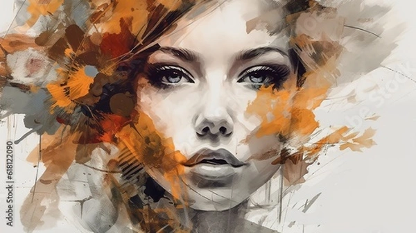 Fototapeta Inspirowany sztuką portret żywej kobiety. Surrealistyczny portret pięknej kobiety. Kolorowe włosy. Niezwykła praca kolorów. Sztuka cyfrowa. Ilustracja pięknej młodej kobiety. Generatywny AI.