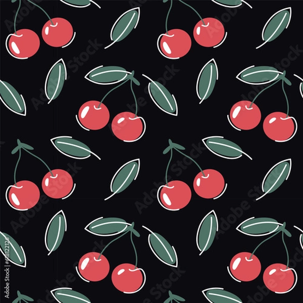 Fototapeta Seamless pattern with cherry branches on a dark background. Sweet, juicy berry for cooking. Print for printing on textiles, clothing and packaging. Delicious summer berry.