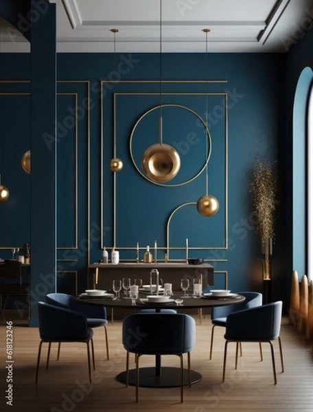 Fototapeta Stylish and modern dining room of luxurious house. interior design 3d render