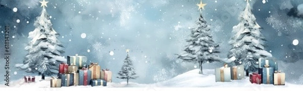 Fototapeta Pine forest in the snow, Christmas gifts, Christmas holiday concept. Generative AI