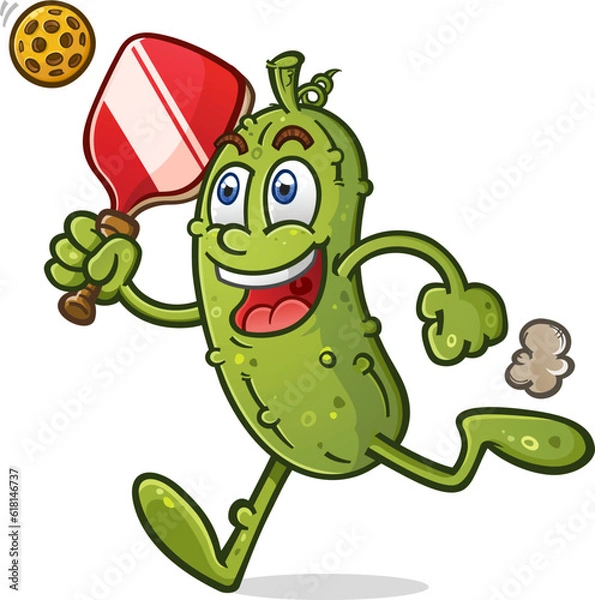 Obraz Pickle cartoon running to swing his paddle to hit a rogue pickleball during a heated match on the court with a big smile on his face