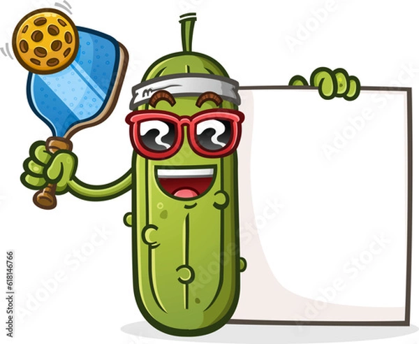 Fototapeta A pickle cartoon holding a pickleball paddle ball and a big blank sign perfect for displaying a pickleball schedule or team name in a bold and entertaining way