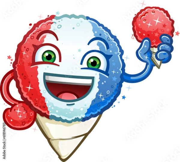 Obraz Red white and blue snow cone cartoon character holding a cherry snowcone smiling big on the fourth of july and sporting America's colors for the holiday