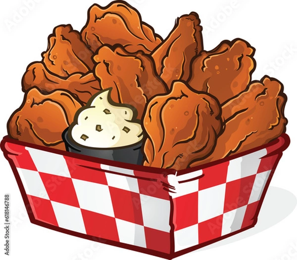 Obraz Big delicious basket of hot saucy buffalo chicken wings piled high with a creamy ranch dipping sauce image for sports bar signage or menus