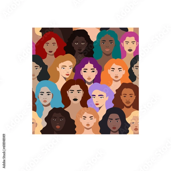 Obraz Female diverse faces of different ethnicity seamless pattern. equality concept, international womens, activism, feminism, inclusive. Modern feminist vector illustration. different womens portaint