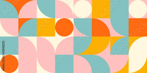 Fototapeta Retro geometric aesthetics. Bauhaus and avant-garde inspired vector background with abstract simple shapes like circle, square, semi circle. Colorful pattern in nostalgic pastel colors.