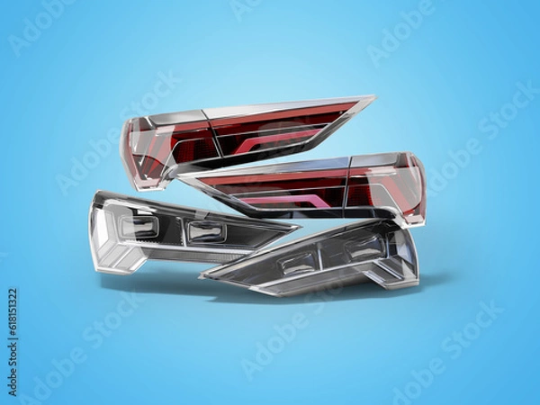 Fototapeta 3D rendering of modern headlights for car on blue background with shadow