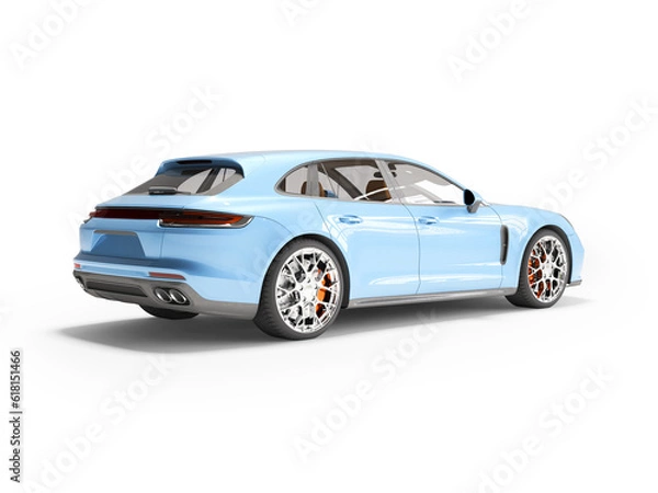 Fototapeta 3d rendering of sports car in blue color, rear view on white background with shadow