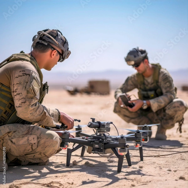 Fototapeta soldiers working with drone at a warzone