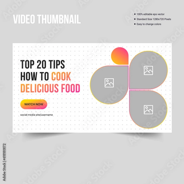 Fototapeta Customizable food recipe video thumbnail banner template design, creative video cover banner, editable vector illutrator eps 10 file format