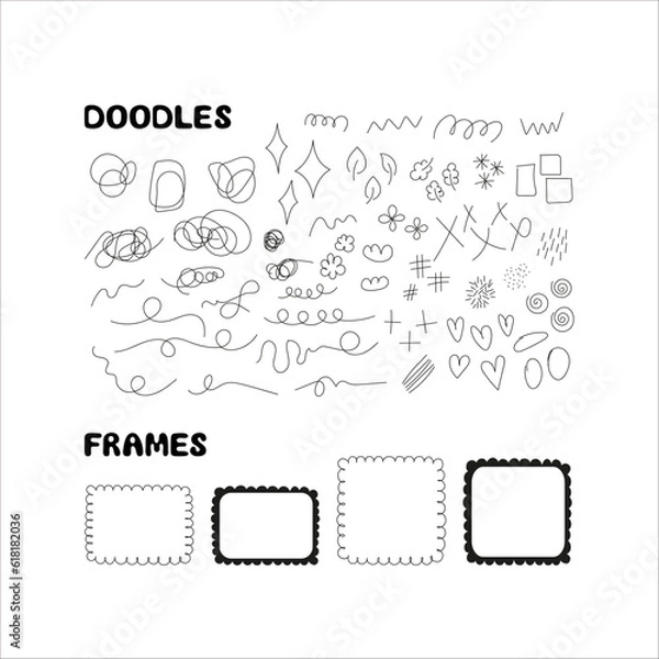 Fototapeta Hand drawn doodles, scribbles, frames elements set. Vector textured brush strokes, stamp brushes. Childish scribbles and doodles, lines and shapes elements isolated on white background