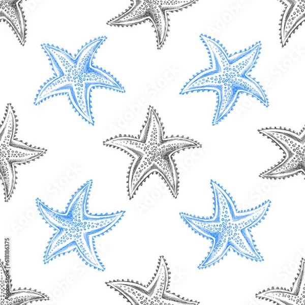 Fototapeta Hand drawn vector illustrations - seamless pattern of  starfish. Marine background. Perfect for invitations, greeting cards, posters, prints, banners, flyers etc