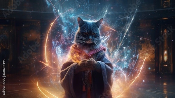 Obraz cat wizard casting spell illustration.Generative AI