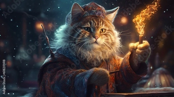 Obraz cat wizard casting spell illustration.Generative AI