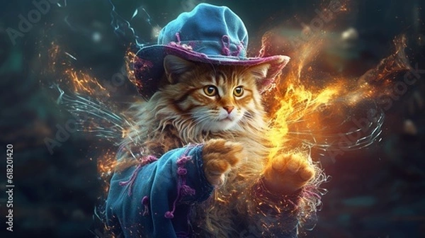 Fototapeta cat wizard casting spell illustration.Generative AI