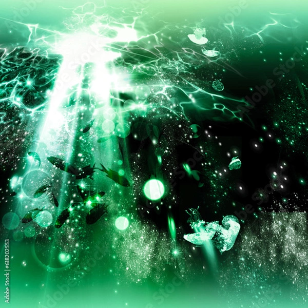 Obraz 深海のイメージ。緑がかった海にクラゲと魚がいます(・∀・)イラスト素材