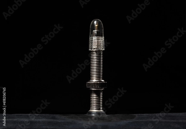 Fototapeta The nipple of a bicycle camera on a black, macro