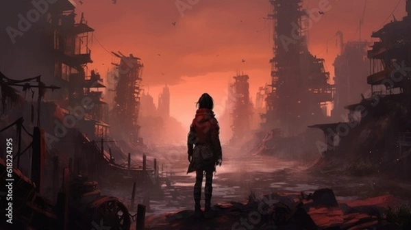 Obraz Game art piece that captures a significant moment in the middle of a hero's journey through a post - apocalyptic world. The protagonist, a resilient survivor, stands at the threshold of a crumbling