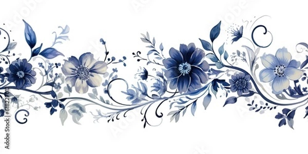 Fototapeta Blue floral background along the border with room for copy. Ai generative Art.