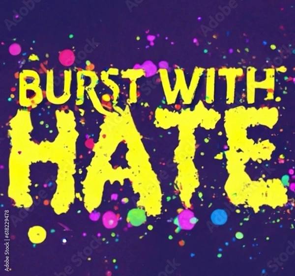 Obraz Yellow text "Burst with hate" isolated on a colorful background. Lettering illustration 