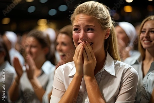 Fototapeta A team member's eyes well up with tears of gratitude when their colleagues surprise them with a heartfelt appreciation gesture.
