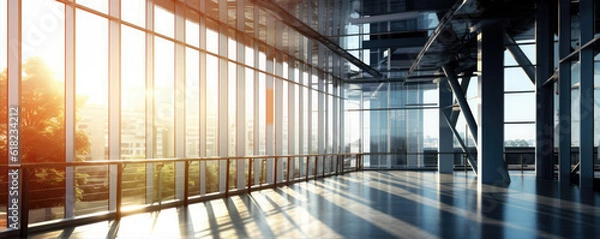 Obraz Panoramic skyline and buildings with many glass windows, generative ai
