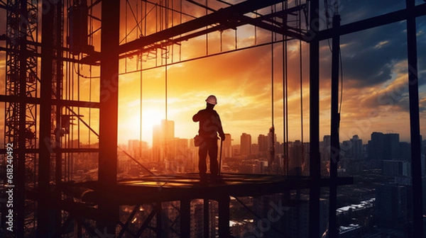 Fototapeta A Silhouette Worker on Construction Background, with Tower Crane Background at Construction Site and City Silhouette Sunset Background.