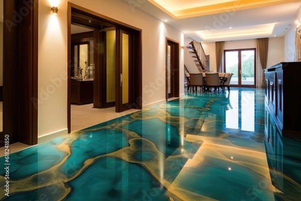 Fototapeta Not at all an ordinary epoxy floor that attracts all the attention in the apartment. It gives your home an amazing luxury that everyone will envy. Generative AI Technology 