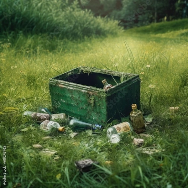 Fototapeta Garbage dumb in green healthy nature Pollution of Earth. generative Ai