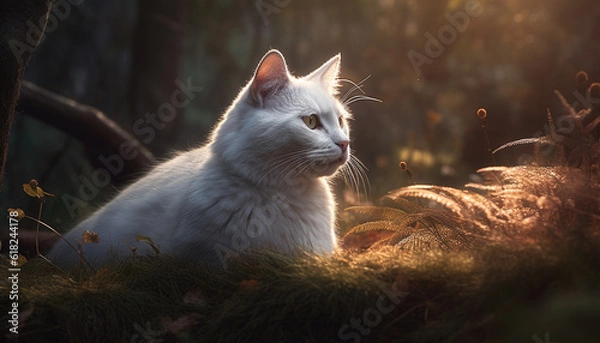 Obraz Fluffy kitten lounges in tranquil meadow, playful generated by AI