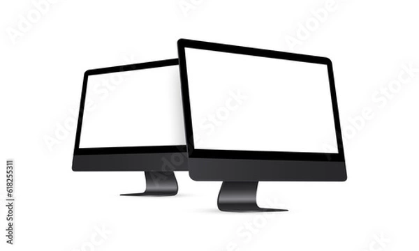 Fototapeta Two Modern Black Desktop PC With Perspective Side Views, Isolated on White Background. Vector Illustration