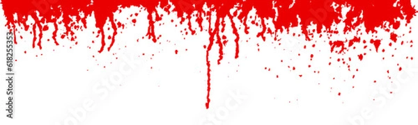 Obraz Red blood drip top border on white background. Scarlet paint, wine or sauce splash on wall. Watercolor spatter texture. Abstract vector illustration. Runny liquid ink. Horror grunge pattern