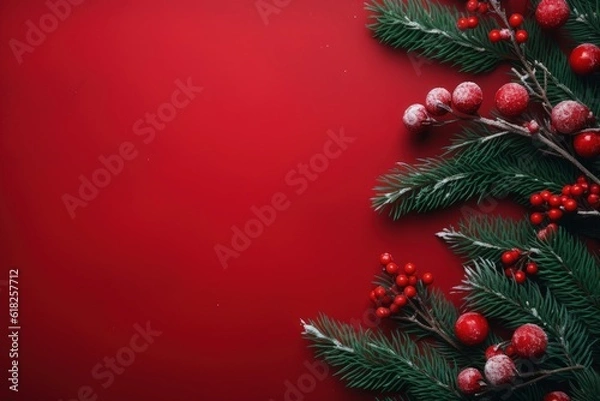 Fototapeta Red Christmas background decorated with fir branches, Generative AI