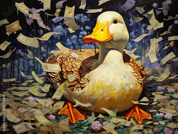Fototapeta duck in a pile of money 