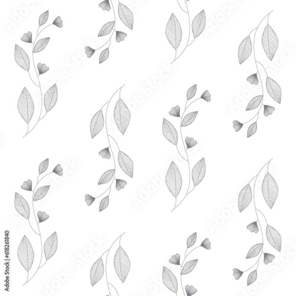 Obraz Seamless patern, twigs with buds and leaves on a white background, floral contour pattern, wedding ornament, freehand digital vector drawing.