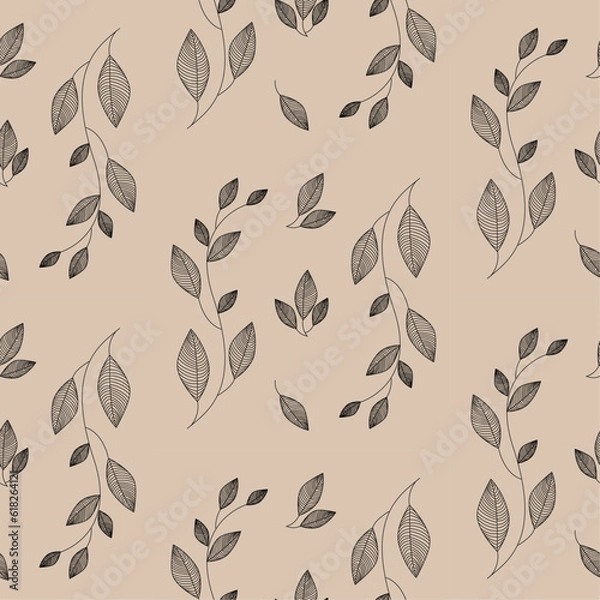 Obraz Seamless patern, black twigs with leaves on a light beige background, floral contour pattern, wedding ornament, freehand digital vector drawing.