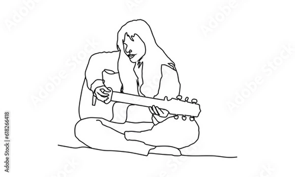 Fototapeta Linear drawing art of a female playing the guitar illustration design